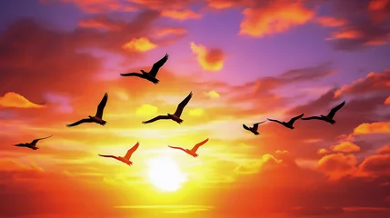 Fototapeten Migrating birds against a vibrant sunset © HillTract