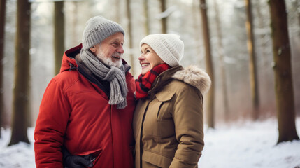 Waist up portrait of happy senior couple enjoying walk in winter forest and looking at each other with love