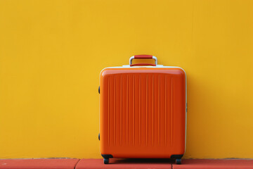 Yellow suitcase with extended handle against red wall