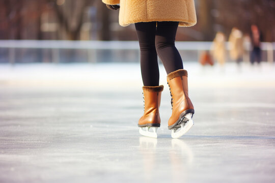 Legs of unrecognizable woman ice skating outdoors, close up