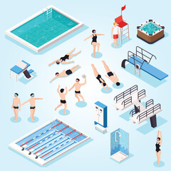 swimming pool isometric set with equipment isolated vector illustration - obrazy, fototapety, plakaty