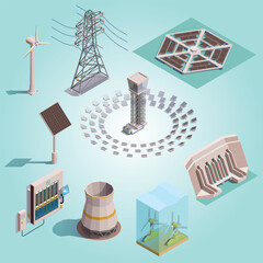 green energy production isometric icons set with wind tidal power generators solar station hydroelectric plant - obrazy, fototapety, plakaty
