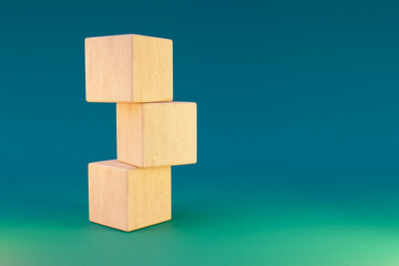 wooden stack of three cubes on infinite background; pedestal for beauty, cosmetic product presentation. copy space template, 3D Illustration