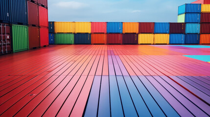 A container ships deck is a mosaic of containers in vibrant colors - obrazy, fototapety, plakaty