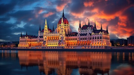 Naklejka premium Iconic Parliament Building in the City of Budapest, Gracefully Resting on the Banks of the Danube River.