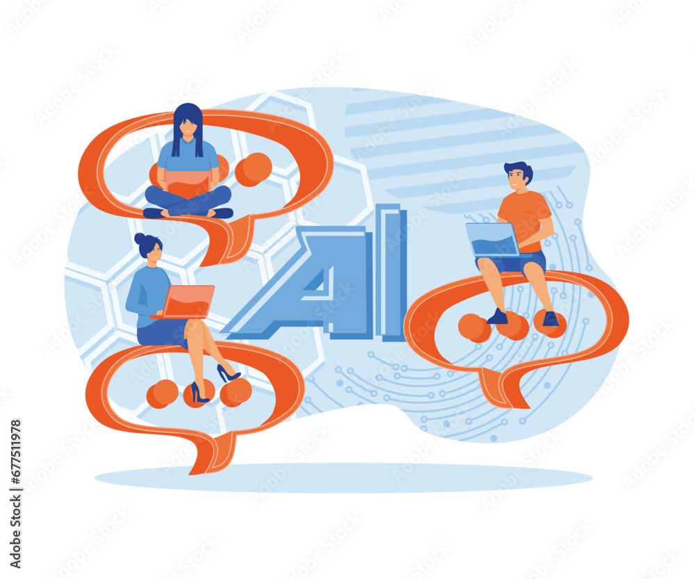 Poster artificial intelligence ai. people chatting with ai chat bot and get smart solution. flat vector mod