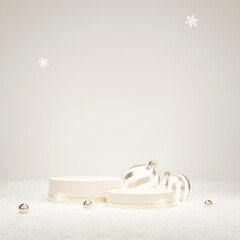 3D rendering white product display stand, with gold baubles on beige background. Minimal realistic luxury Christmas or winter night sale presentation.