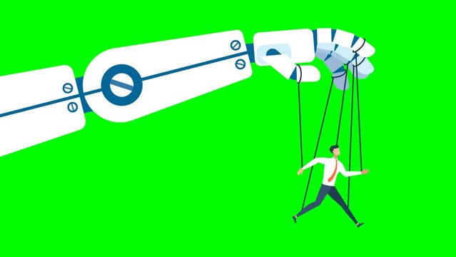 Robotic cyborg hand manipulating human puppet on green background. Robot controlling puppet business human. Artificial Intelligence technology concept. AI Future concept. 2d flat animation Chroma key	