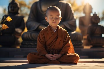 A little monk or novice meditates in front of a statue of Buddha - obrazy, fototapety, plakaty