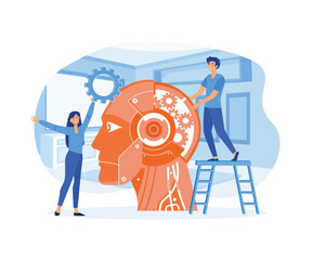 Tiny Business Characters with Gears at Huge Cyborg Head. Artificial Intelligence, Machine Learning and Training.  flat vector modern illustration 