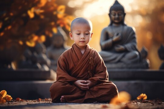 A little monk or novice meditates in front of a statue of Buddha