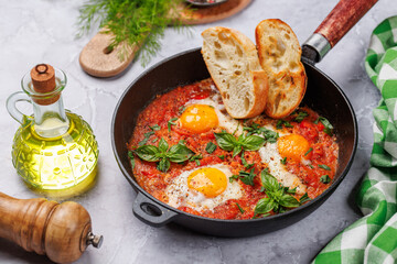 Delicious shakshuka breakfast in a pan