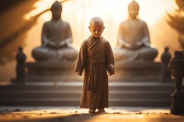 A little monk or novice walking meditation in front of a statue of Buddha.