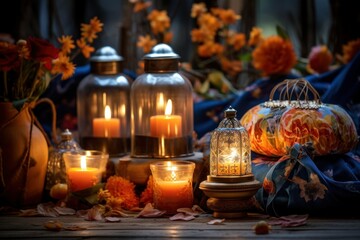 Evening Candlelight: Photograph the warm glow of candles or lanterns against the backdrop of a cold, dark evening. - Generative AI