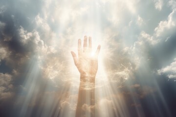 Hands of Lord Jesus Christ blessing the sky with beautiful clouds and sunlight.
