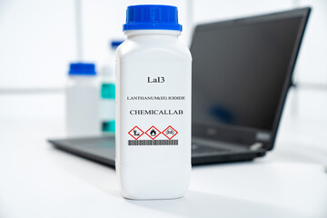 LaI3 lanthanum(III) iodide CAS  chemical substance in white plastic laboratory packaging
