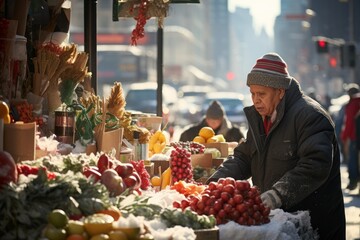 Winter Street Photography: Capture the essence of daily life in urban areas during the winter, including street vendors and pedestrians. - Generative AI