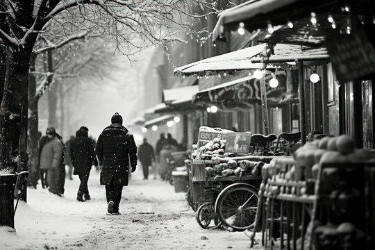 Fototapeta Winter Street Photography: Capture the essence of daily life in urban areas during the winter, including street vendors and pedestrians. - Generative AI