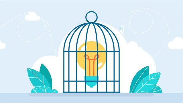 Locked bird cage with a light bulb. Trap, imprisonment, jail concept. Limited thinking. Limitation of thinking concept. Locked, trapped creative idea. A business idea is closed. 2d flat animation