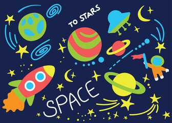 
Cute Monster in space Vector isolated illustration. Happy Kids cartoon character design print on textile, on fabric, poster, baby products, packaging paper for boys or girls Colorful seamless pattern