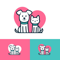 Obraz premium Cat and dog heart logo, simple line art logo for pet theme, adoption, rescue, veterinary, vector