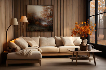 Living room decorated in warm brown tones in spring, Muji style