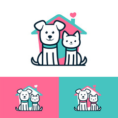 Cat and dog home and heart logo, simple line art logo for pet theme, adoption, rescue, vector illustration