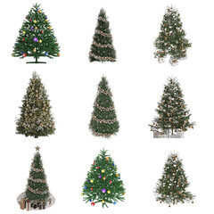 Christmas tree with decorations isolated on white background, 3D illustration, cg render