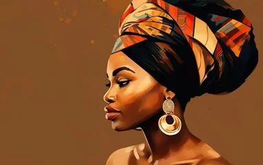 Poster Black History Month poster. Beautiful African woman profile, traditional head wrap, tribal pattern and golden earrings on brown background. Warm colours, clay background, oil stylised. AI Generative © your_inspiration
