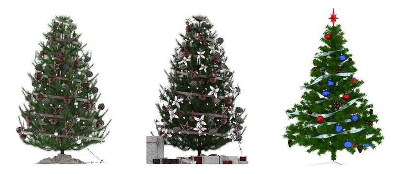 Christmas tree with decorations isolated on white background, 3D illustration, cg render