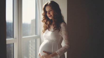 Pregnant woman standing near the window with both