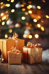 Christmas boxes with gifts on Christmas bokeh background. Beautiful Christmas background. Happy New Year and Merry Christmas