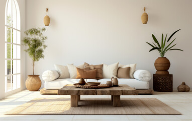 Boho style living room with comfortalbe sofa, table and plant in the pot on white wall background.v