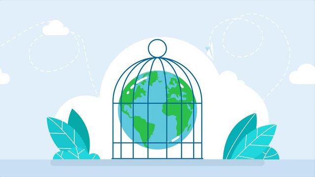 Global lockdown. Worldwide quarantine Earth globe locked in a birdcage. Hand-holding planet Earth inside an iron birdcage. Global freedom and protection. 2d flat animation