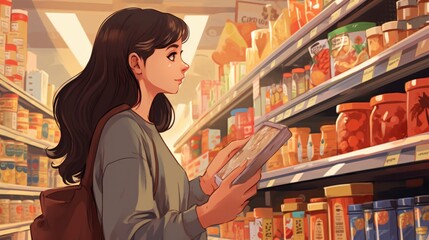 a young woman selects the right product for her from the shelf in the food market, illustration