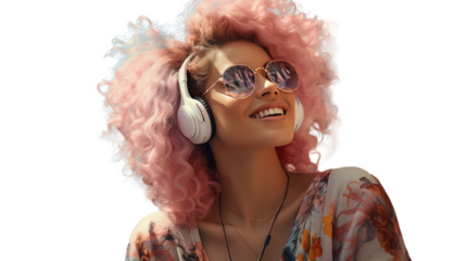 retro woman with vintage sunglasses and pink hair wearing headphones on the street