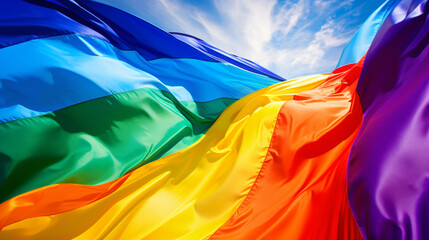 Rainbow flag blowing in the wind. Full page LGBT fly