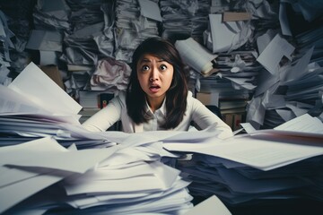 Business woman looking angry on top of a pile of paperwork.