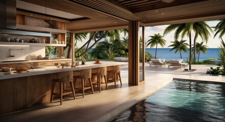 View of the large kitchen open to the swimming pool and sea view.