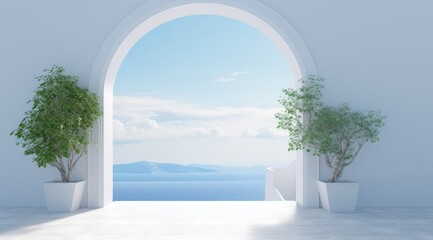 White door opens on a white wall with ocean view over the arched doorways.