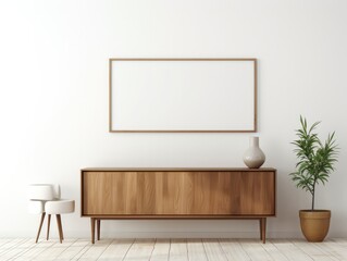 Wooden sideboard with a mirror hanging from it frame mockup.