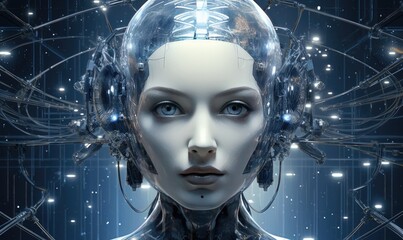 Android futuristic woman in a stylish cyborg head in profile.