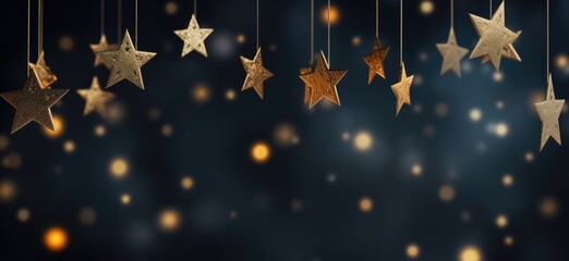Bright festive gold stars hanging in the air against a dark background. Christmas concept.