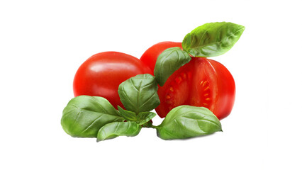 Fresh organic tomatoes and basil on white background.