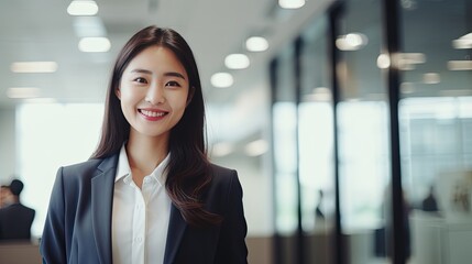 Beautiful young businesswoman looks at the camera, smile. Happy female standing in modern office, show self confidence.