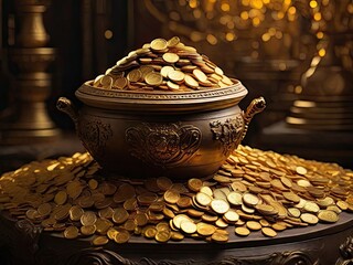 Golden Coins in Kalash Symbolizing Wealth and Prosperity - obrazy, fototapety, plakaty