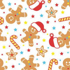 Pattern with gingerbread men, stars and candy canes on a white background. For the design of Christmas and New Year cards, backgrounds, fabric, wallpaper, wrapping paper, etc.Vector