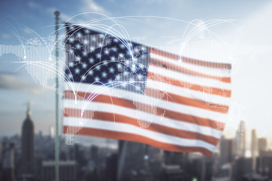 Double exposure of abstract digital world map hologram with connections on USA flag and blurry cityscape background, research and strategy concept