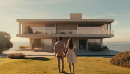 Couple stand in front of mansion on a sunny day.