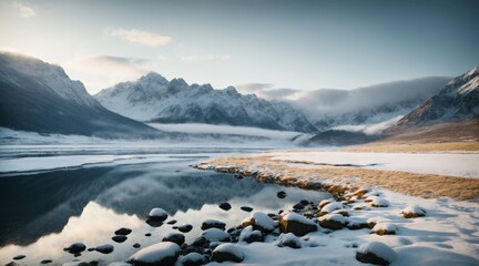 Winter landscape in the mountains with a lake. .AI